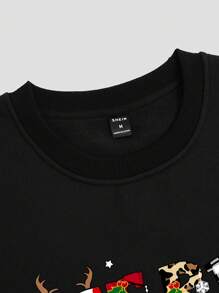 Manfinity Homme 男士圣诞口号印花圆领长袖休闲运动衫，秋季 - 黑色 - 查看 4