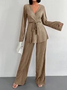 EURMUSE 2pcs/Set Women Solid Color Front Tie Long Sleeve Casual Top And Pants Outfit - Camel - View 4