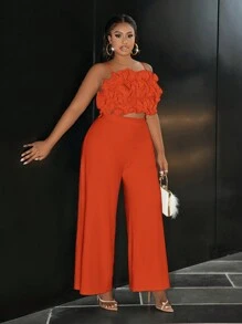 Slaydiva Elegant & Party & Date & Formal Occasion Solid White Sleeveless Ruffle Trim Cropped Top And Long Pants 2 Pieces Set, Woven Fabric, Plus Size, Spring/Summer - Orange - View 5