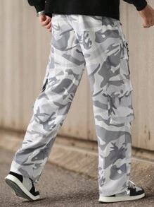 Manfinity LEGND Men's Front Lace-Up Pocket Camo Casual Long Pants, Daily Wear Long Straight Leg Drawstring Cargo Pants, For Husband, Boyfriend Gifts - Multicolor - View 2