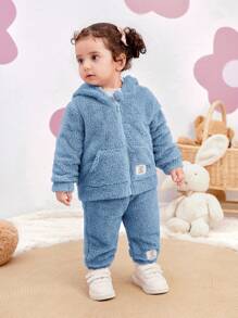SHEIN 2pcs Baby Girl Cute Solid Color Fluffy Hooded Jacket And Pants Set, Autumn/Winter - Blue - View 4