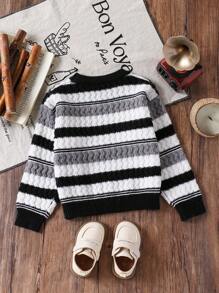 Young Boys Thick Striped Color Blocking Round Neck Pullover Sweater,Fashion Casual Versatile For Autumn/Winter