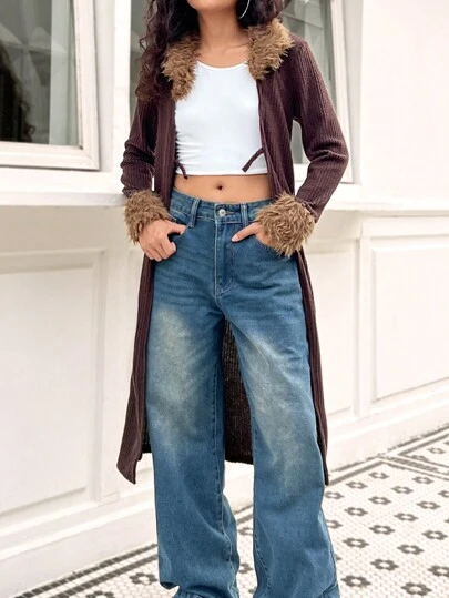 SHEIN Teen Girls Elegant Vintage Ribbed Solid Color Coat, Fitted Fluffy Collar, Suitable For Daily Wear, Jacket, Fall Season