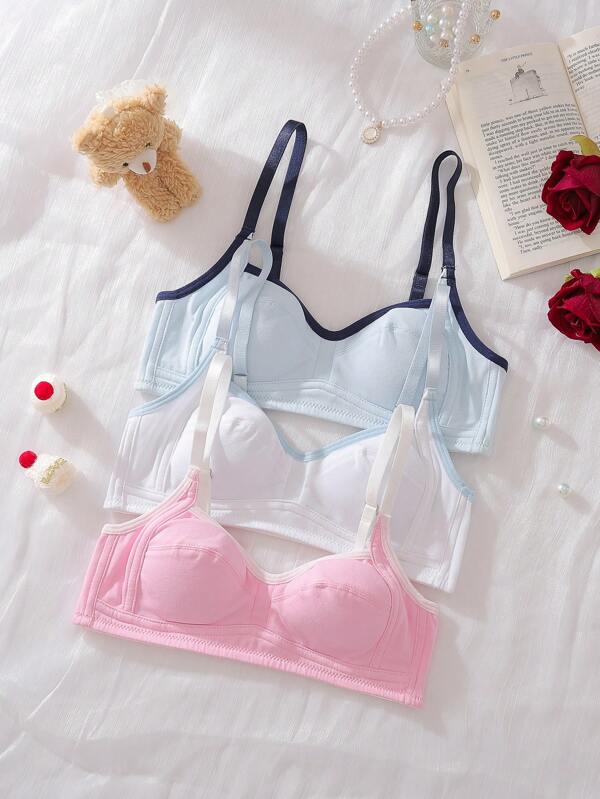 3pcs/Set Tween Girls Casual Contrast Color Comfortable Cup Bras