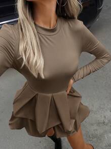 SHEIN Unity Váy xòe viền trơn màu thanh lịch cỡ lớn, mùa thu - màu nâu - Xem 5