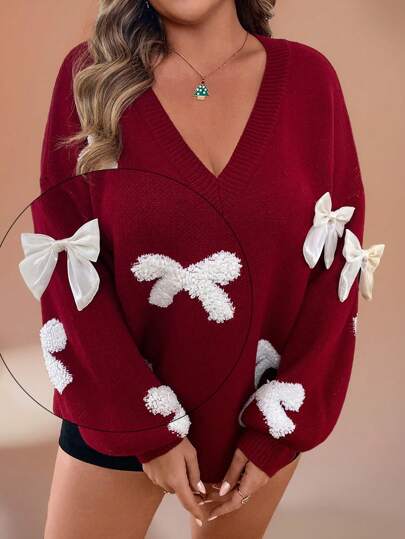 SHEIN LUNE Plus Size Women's Wine Red V-Neck White Jacquard 3D Bow Loose Sweater, Suitable For Western Festival & Christmas Holidays