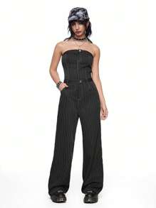 ROMWE Grunge Punk Sexy Punk Style Simple Streetwear Crop Top & Striped Contrast Color Wide Leg Jumpsuits For Women, Black/White/Gray