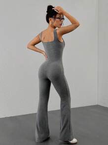 SHEIN EZwear Bộ đồ liền thân cổ vuông có gân màu trơn đơn giản dành cho nữ mặc hàng ngày - Xám - Xem 2
