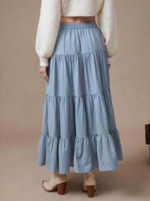 WESTFADE Falda larga de verano con volantes y rayas, estilo occidental para vacaciones - Neblina azul - Ver 6