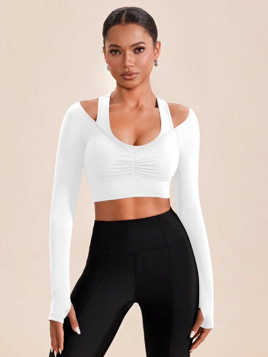 VARSITIE Áo thun thể thao dài tay hở vai cho nữ & áo ba lỗ, màu trơn - trắng - Xem 1