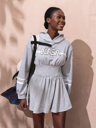 VARSITIE Letter Print Dropped Shoulder Long Sleeve Hooded Casual Short Women Dresses