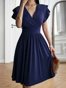 EMERY ROSE Vestido elegante de unicolor con cuello cruzado en V, mangas raglán y cintura para mujer de longitud media - Azul Marino - Ver 8