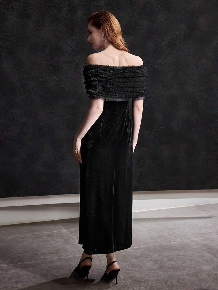 VELVET OFF SHOULDER CONTRAST MESH BOW FRONT COCKTAIL DRESS WITHOUT BELT