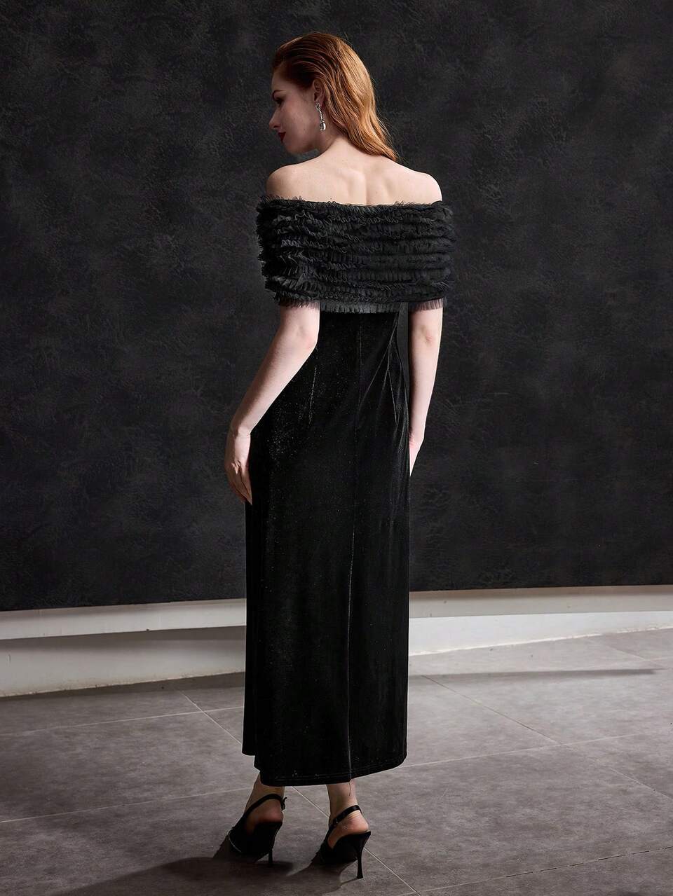 VELVET OFF SHOULDER CONTRAST MESH BOW FRONT COCKTAIL DRESS WITHOUT BELT