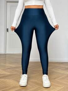 SHEIN EZwear 大码女式高腰纯色休闲紧身裤 - 藍色 - 查看 1