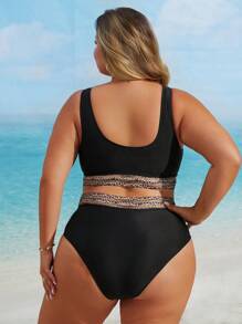 Swim Lushoire 2025 Plus Size Color Block Two-Piece Bikini Summer - Black - View 2