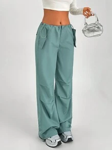 SHEIN Cottnline Women Solid Color Drawstring Waist Pleated Relaxed Straight Leg Casual Pants - Cadet Blue - View 4