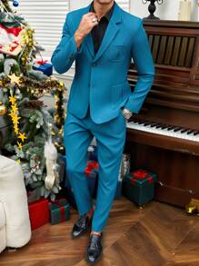 Manfinity Mode Men's Casual Solid Color Jacket And Pants Suit Set