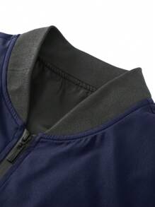 Manfinity Homme Plus Size Men's Plain Front Zipper Long Sleeve Pocket Casual Jacket - Navy Blue - View 3
