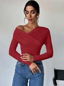 Firerie Women's Solid Color Asymmetrical Collar Wrap T-Shirt - Red - View 3