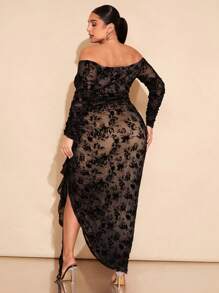 SHEIN BAE Plus Size Women Black Flocked Mesh Off-Shoulder Gathering Ruffled Edge Romantic Flowy Elegant Party Maxi Bodycon Dress