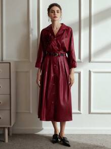 GENKIRA Váy dài đến giữa bắp chân dành cho nữ có cổ hoa 3D, thắt lưng, nút kim loại, vai trễ, vai trễ, váy dự tiệc vải bóng thanh lịch - Đỏ - Xem 4