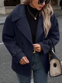 Calvaya 女式大码冬季纯色翻领双排扣休闲大衣