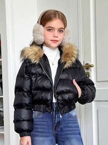 SHEIN Tween Girls 纯黑色冬季拼布蓬松连帽短款黑色棉服外套，秋冬思考者 - 黑色 - 查看 7