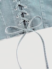 SHEIN MOD Women's Fashion Cross Tied Backless Halter Denim Top - Medium Wash - View 3