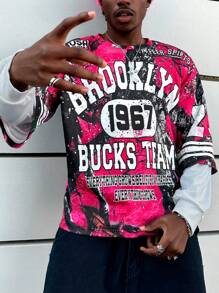 Men Crew Neck Splicing 2 In 1 Camouflage & Tree Branch Numeral Letter Print Sweatshirt - Multicolor - View 3