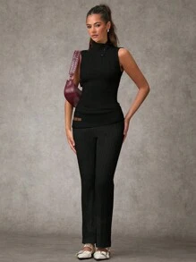 SHEIN BAE 女士立领无袖针织毛衣上衣，休闲纯色，秋冬 - 黑色 - 查看 4