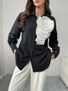 Firerie Women Elegant Commute Black & White Contrast Collar Long Sleeve Blouse