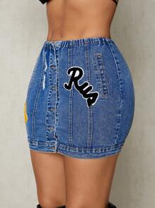 SHEIN SXY Jupe en jean midi évasée à la mode, décontractée et extensible, avec broderie de lettre, pour femmes