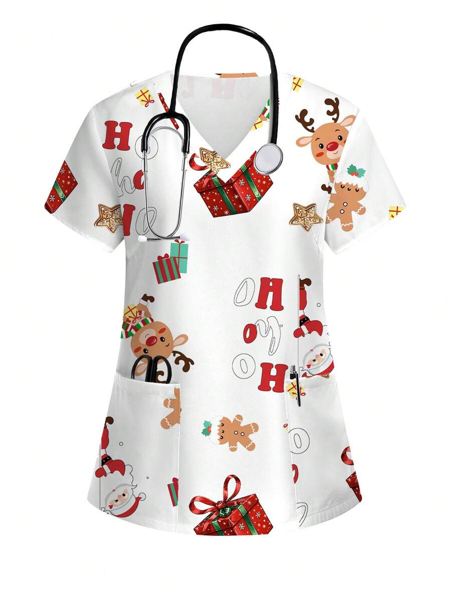 PopScrub V-Neck Chest Pocket Christmas Theme Print Short Sleeve & Nursing Scrub Uniform Top, Nurse - White - View 1