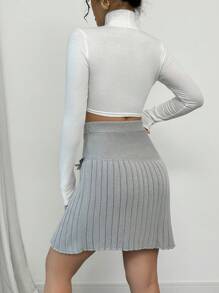 Chiquease 2024 Autumn/Winter New Arrival Sweet Ribbons Bowknot Pleated High Waist Knit Skirt - Light Grey - View 2