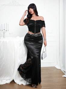 Allurite Plus Size Women's Sexy Contrast Lace Off-Shoulder Short Sleeve Top And Contrast Lace Mermaid Hem Midi Skirt 2 Pieces Set, Elegant Party Outfit, Spring/Autumn - Black - View 7