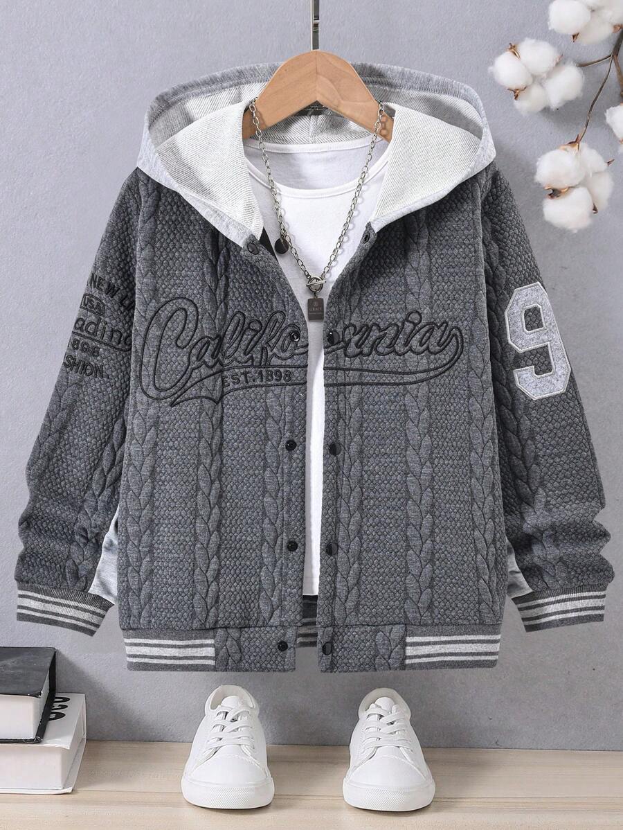 SHEIN Áo khoác bóng chày vải có mũ trùm đầu cho bé trai tuổi mới lớn, áo khoác thể thao thường ngày cho mùa thu/đông - Màu xám đen - Xem 1