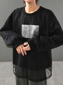 FRIFUL Women's Crew Neck Long Sleeve Solid Color Patchwork Simple Casual T-Shirt,Fall Clothes - Black - View 4