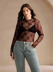Anewsta Plus Size Sexy Sheer Lace Long Sleeve Blouse, Elegant - Coffee Brown - View 2