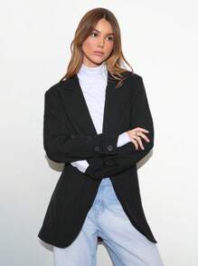 Lunelith SHEIN Lunessa Blazer de trabajo de manga larga con solapa y puños con botones en contraste de color para mujer