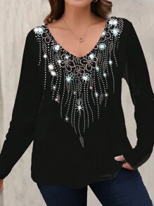 Plus Size Women's Tassel Random Print V-Neck Long Sleeve T-Shirt Graphic Tees Women Tops For Spring