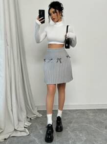 Chiquease 2024 Autumn/Winter New Arrival Sweet Ribbons Bowknot Pleated High Waist Knit Skirt - Light Grey - View 6