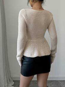 Chiquease 2024 Autumn/Winter Fashion Scoop Neck Ruffle Hem Fitted Knit Sweater Knit Pullover Fall - Apricot - View 2