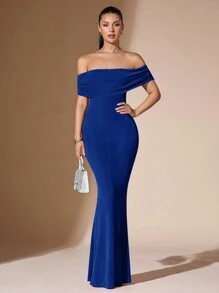 SHEIN BAE 女士纯色露肩性感透明优雅鱼尾露背紧身舞会礼服