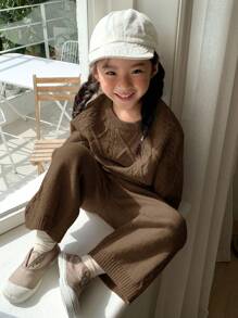 Dazy Kids 年轻女孩纯色圆领长袖简约运动衫和裤子休闲装 - 棕色 - 查看 5