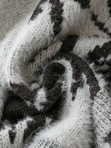 SHEIN LUNE Women Plus Size Black Knit Jacquard Minimalist Cardigan Sweater,Autumn Smart Casual Concert Style,Solid Color For Winter,Halloween,Christmas,Gala - Black and White - View 7