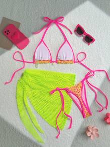 SHEIN Swim 3 件套撞色吊带贝壳装饰上衣、系带侧比基尼泳裤和裙子比基尼套装女式夏季 - 彩色 - 查看 2