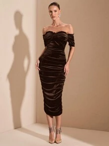 SHEIN BAE Black Off-Shoulder Ruffle-Trim Bodycon Midi Dress, Suitable For Cocktail Parties, Romantic Dates, Autumn/Winter Underlayer, Gatherings, Weddings, Halloween, Christmas