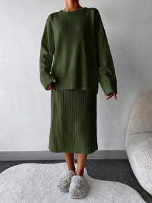 EURMUSE 女士 2 件套休闲纯色圆领长袖上衣和迷你裙 - 軍綠色 - 查看 4