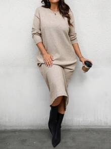 SHEIN LUNE Sukienka sweterkowa damska w jednolitym kolorze, z okrągłym dekoltem i długimi rękawami, w rozmiarze plus size, jesień/zima